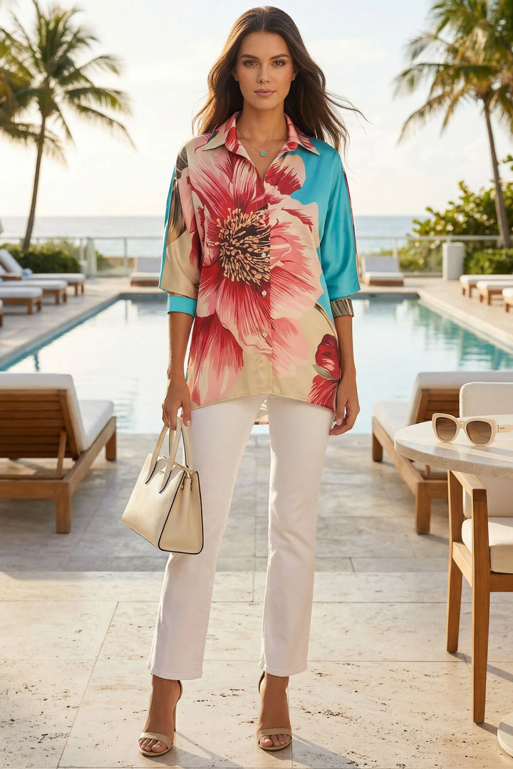 Pepa Shirt Capri Print flowing tunic paired with white pants.