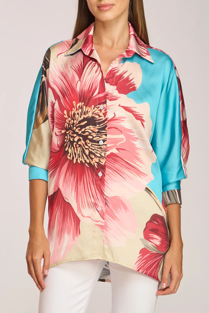 Pepa Shirt Capri Print silky fabric floral texture close up.