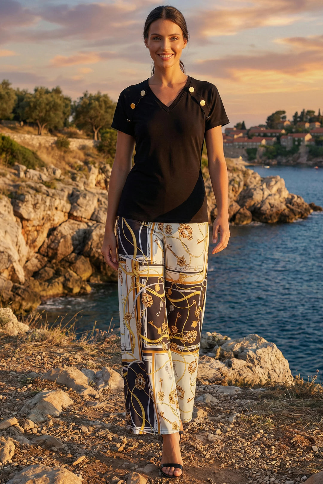 Tere Top styled with printed pants for polished daytime look lifestyle front view