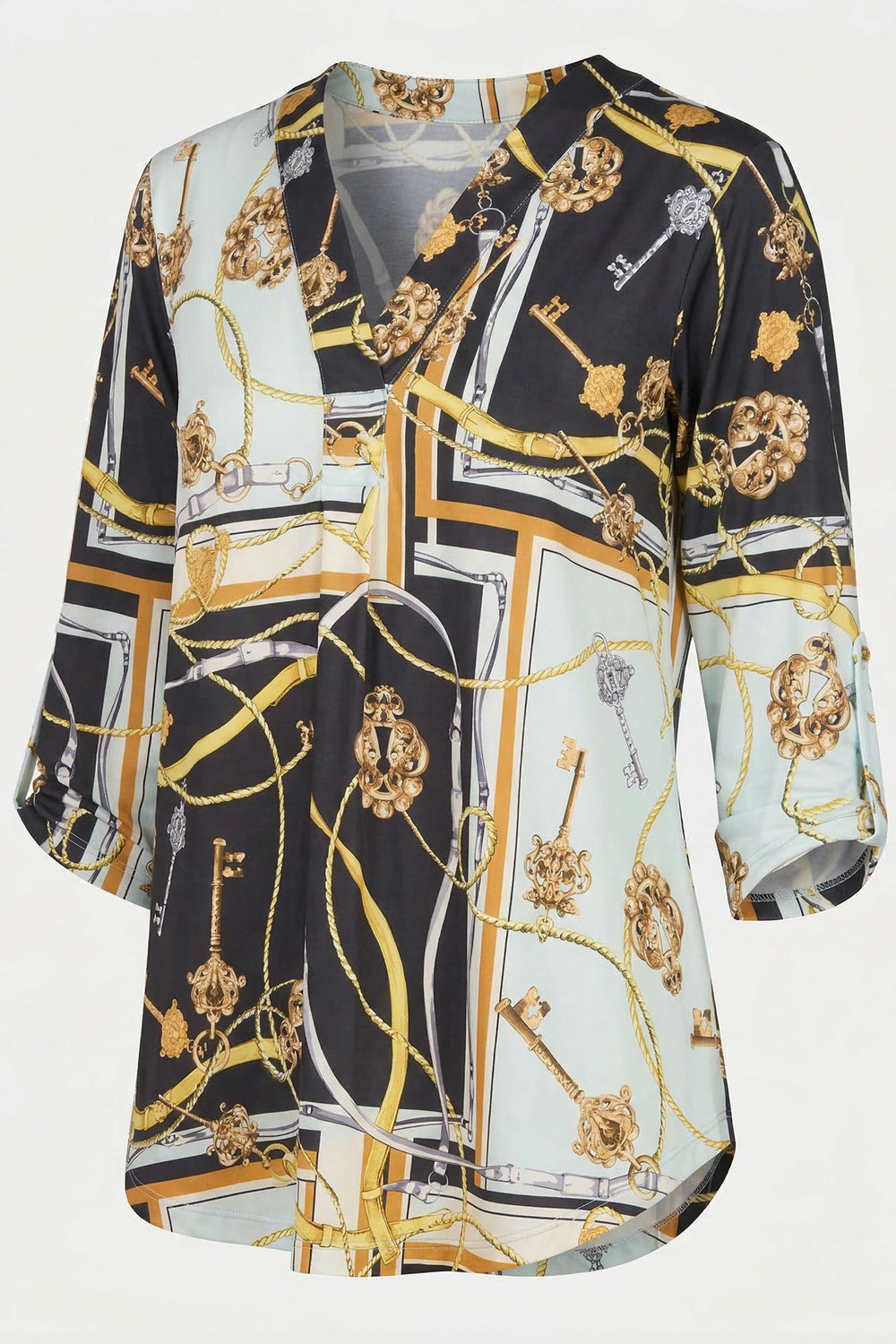 Nova Top fabric detail with intricate Inca-inspired print ghost angle view