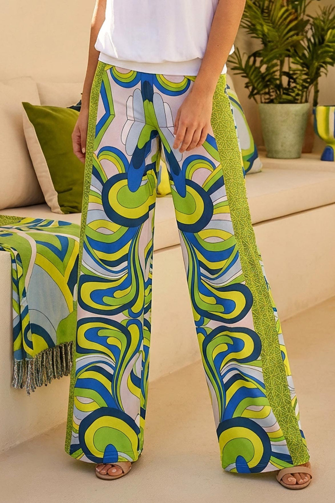 Power Green Wide-Leg Pant with bold geometric print front view