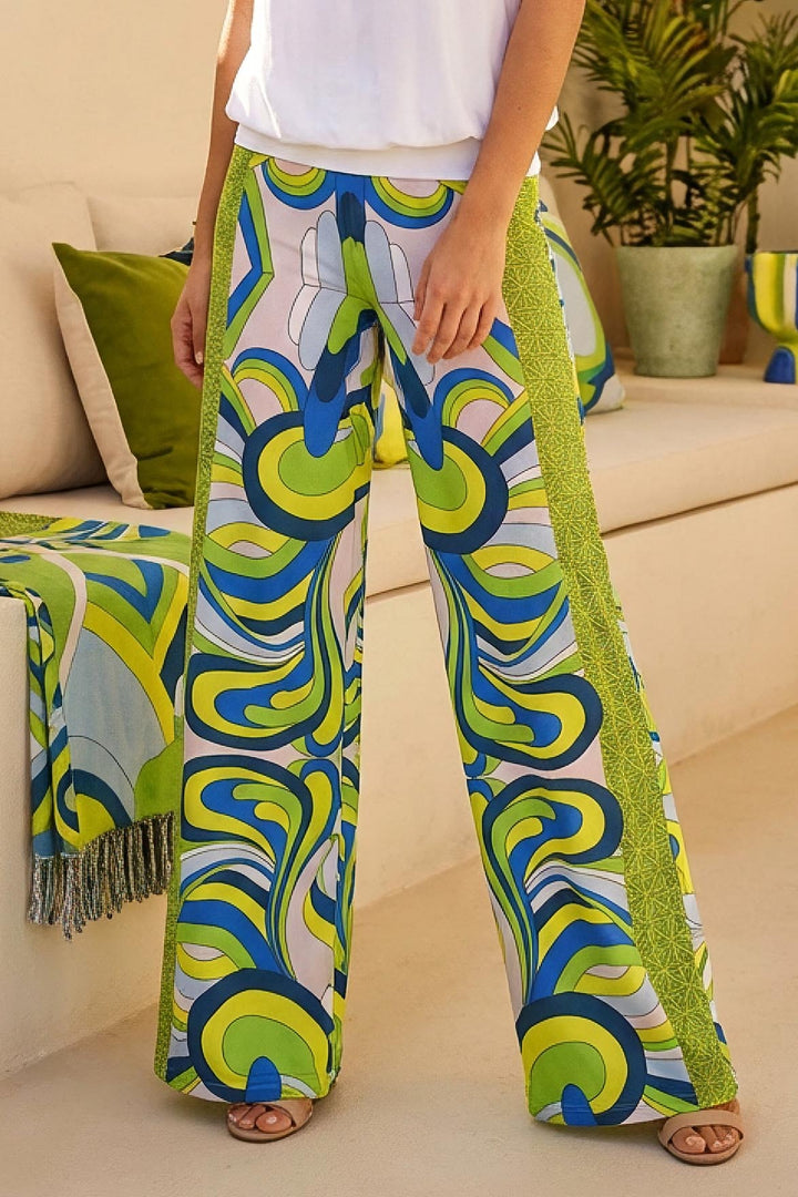 Power Green Wide-Leg Pant with bold geometric print front view
