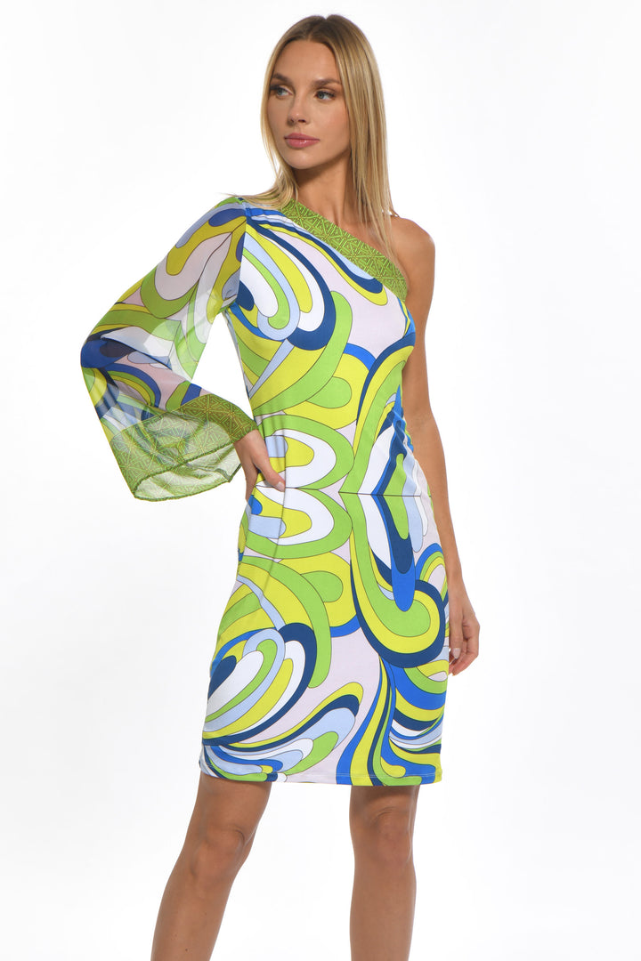 One-Shoulder Chiffon Sleeve Midi Dress