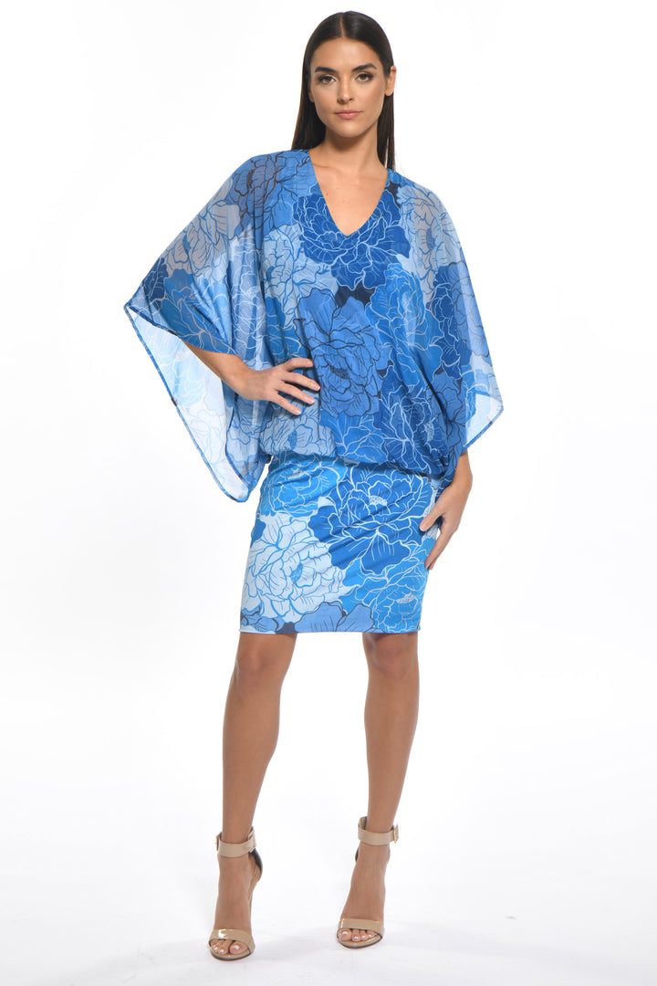 Sea Flower Chiffon Overlay V Neck Dress