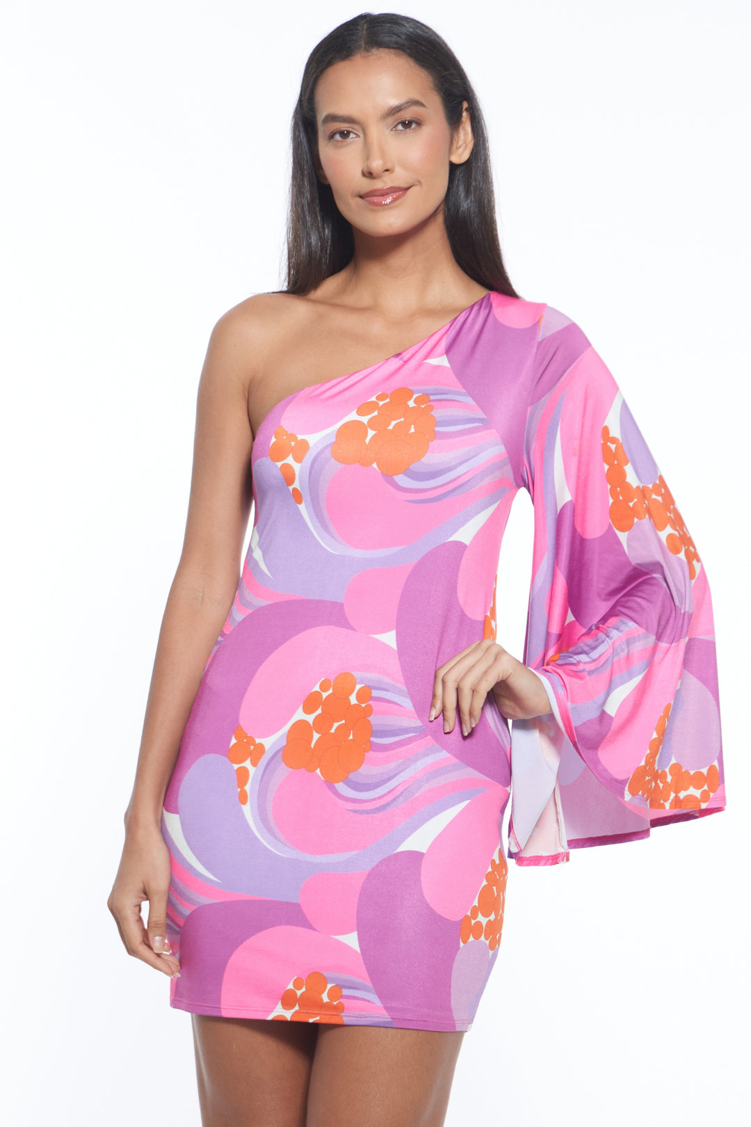 one shoulder flare sleeve mini dress Ruched One-Sleeve Short Homecoming Dress