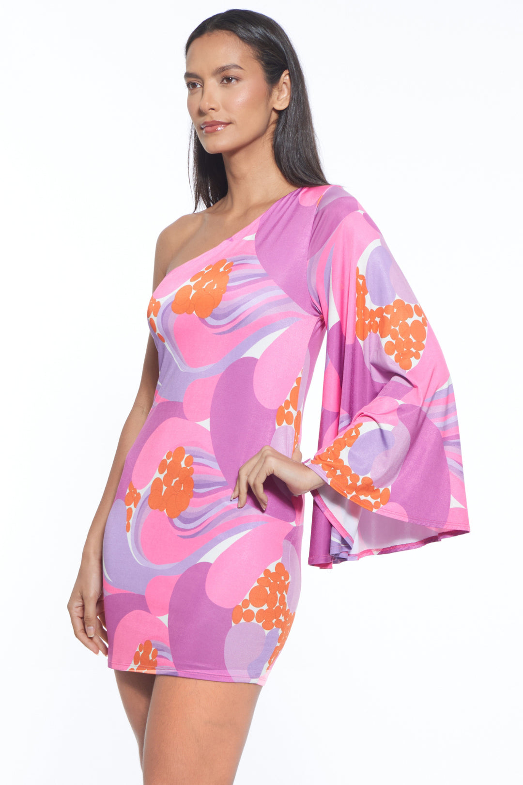 One‑Shoulder Bell Sleeve Mini Dress