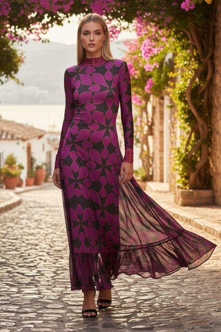 Liverpool Open Back Layered Mesh Maxi Dress