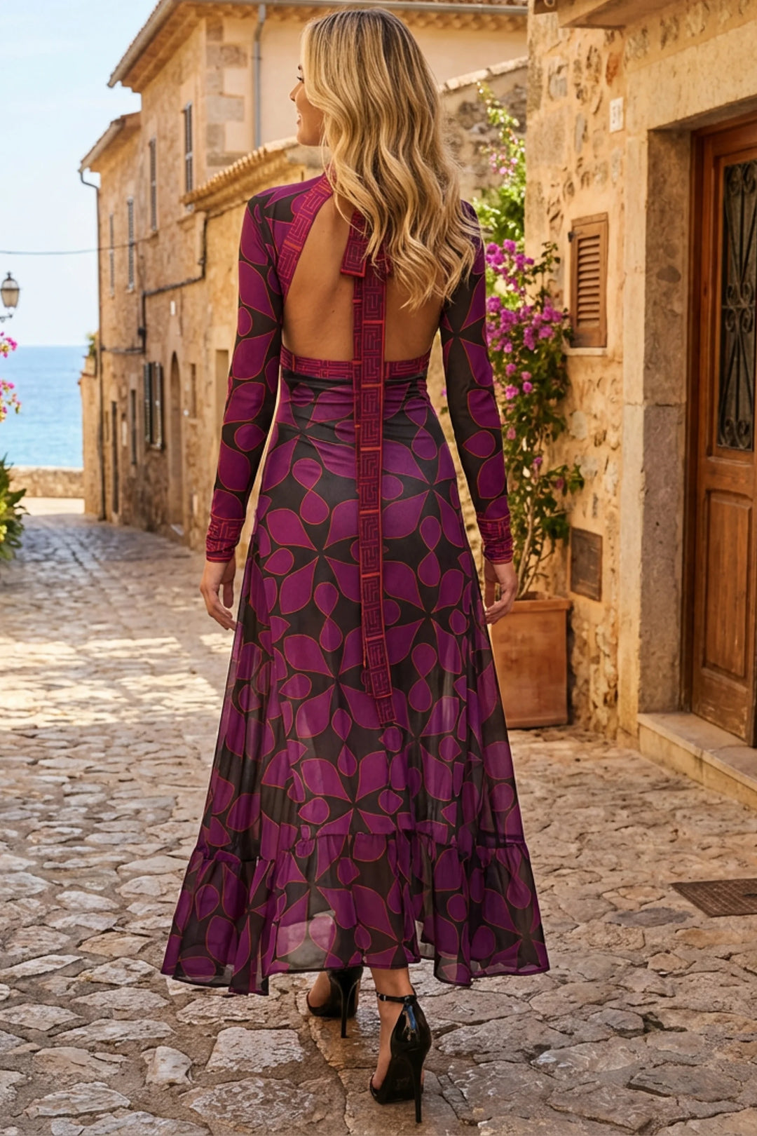 Liverpool Open Back Layered Mesh Maxi Dress