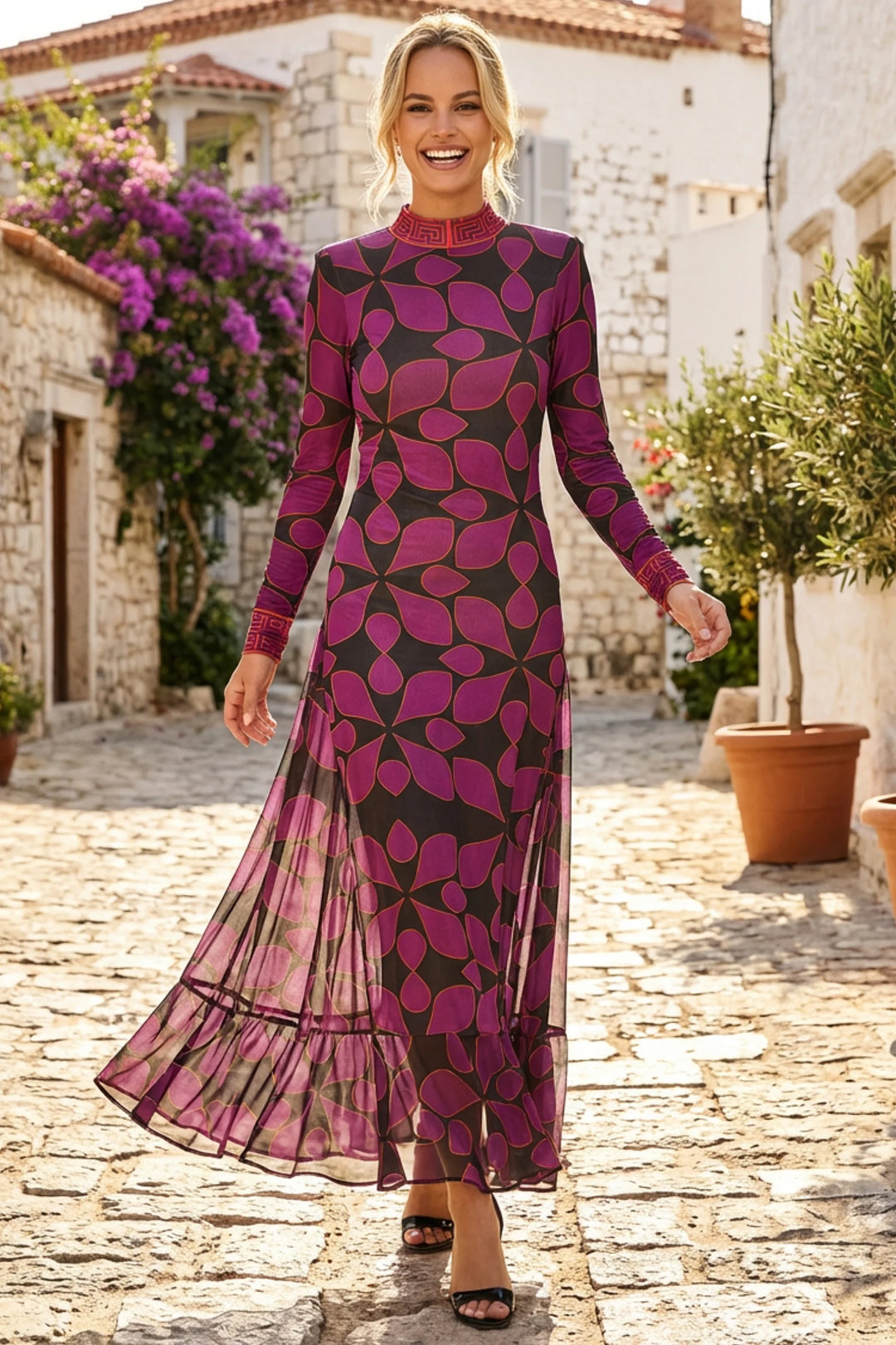 Liverpool Open Back Layered Mesh Maxi Dress