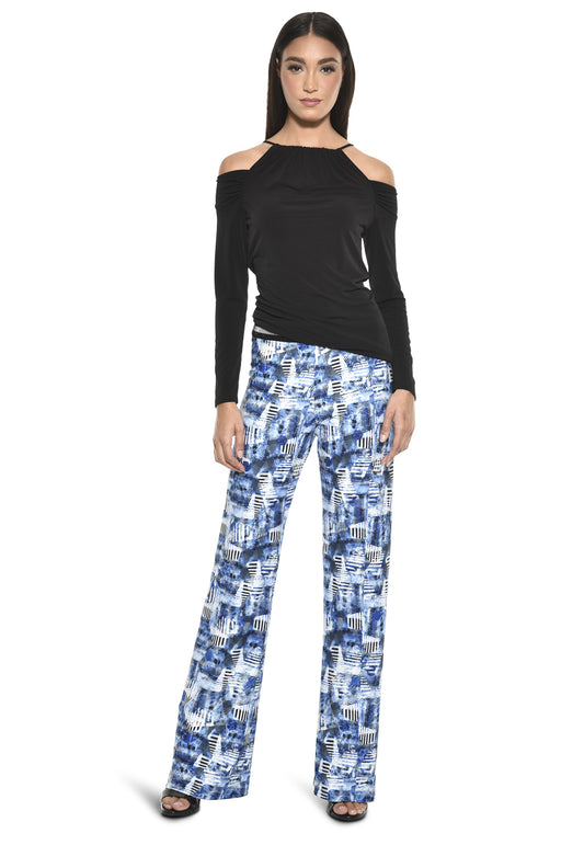 Model wearing Julian Chang Zola Top in Black and Lauren Pant in Ink Print Set