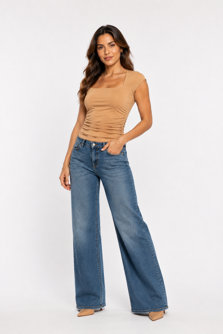 Maria Ruched Square-Neck Top